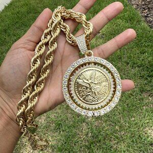 14K GP Centenario 50 Pesos Coin Pendant Internal Spinning Rope Chain 24" 8mm